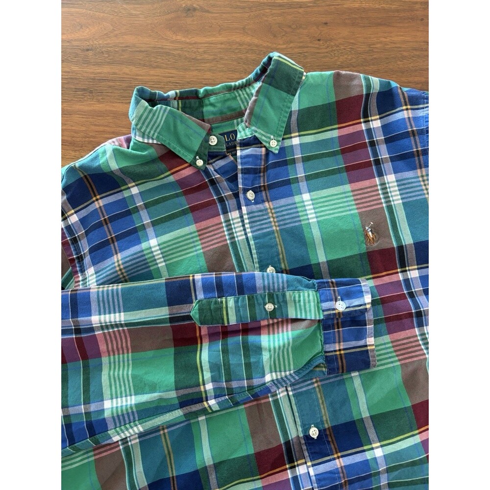 Polo Ralph Lauren Button Down Shirt Mens XXL Green Plaid Flesh Pony Long Slv